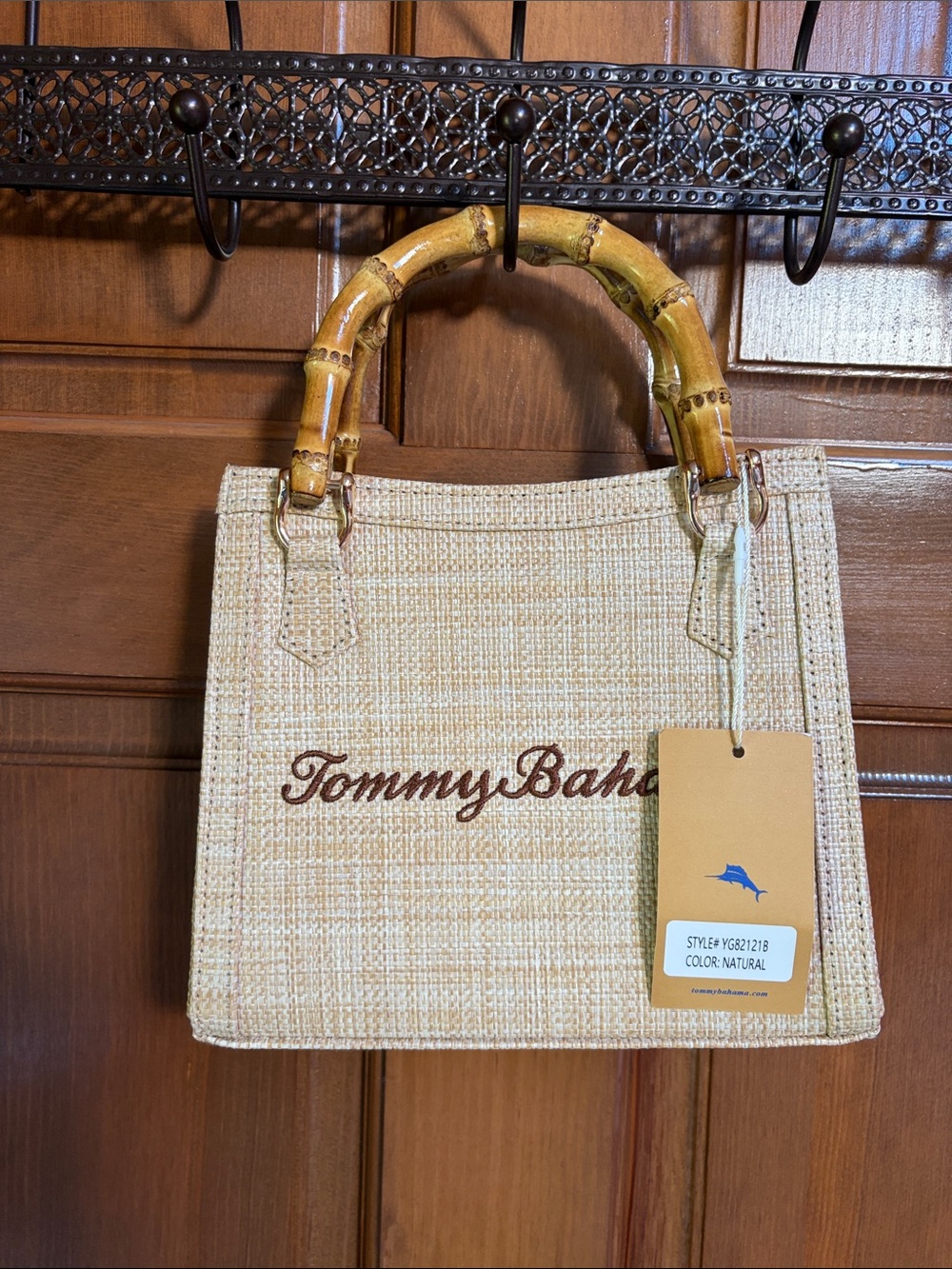 Tommy Bahama Natural Straw Bamboo Handle Crossbody Tote Bag